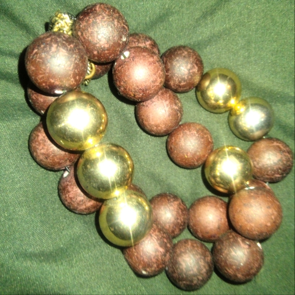 Brown & Yellow Gold Beaded Two Strand Bracelet